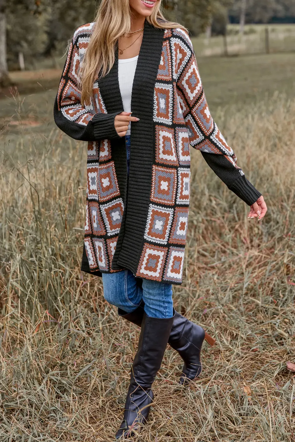 Patchwork Open Front Long Sleeve Knit Duster