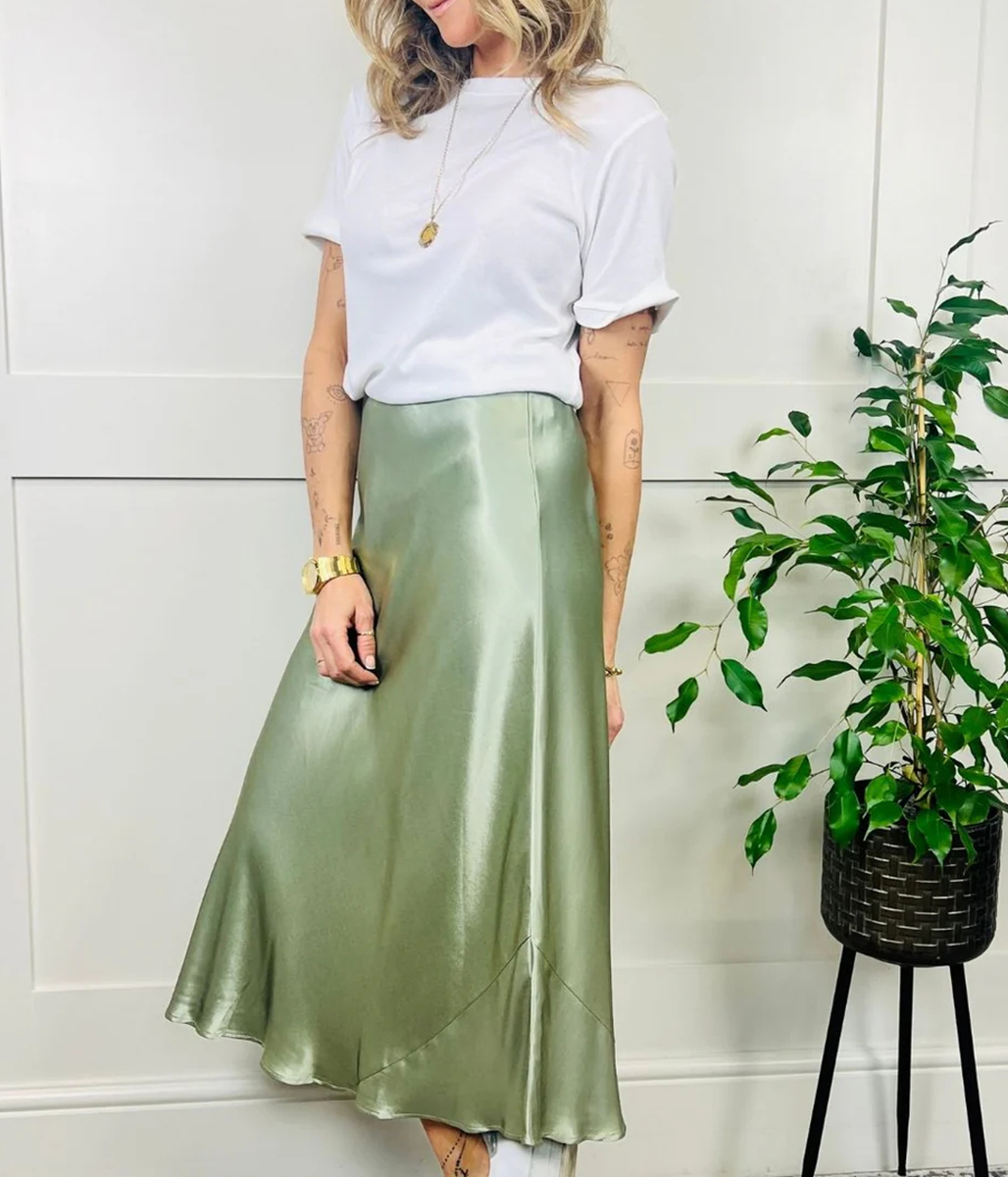 Green Satin Midi Slip Skirt