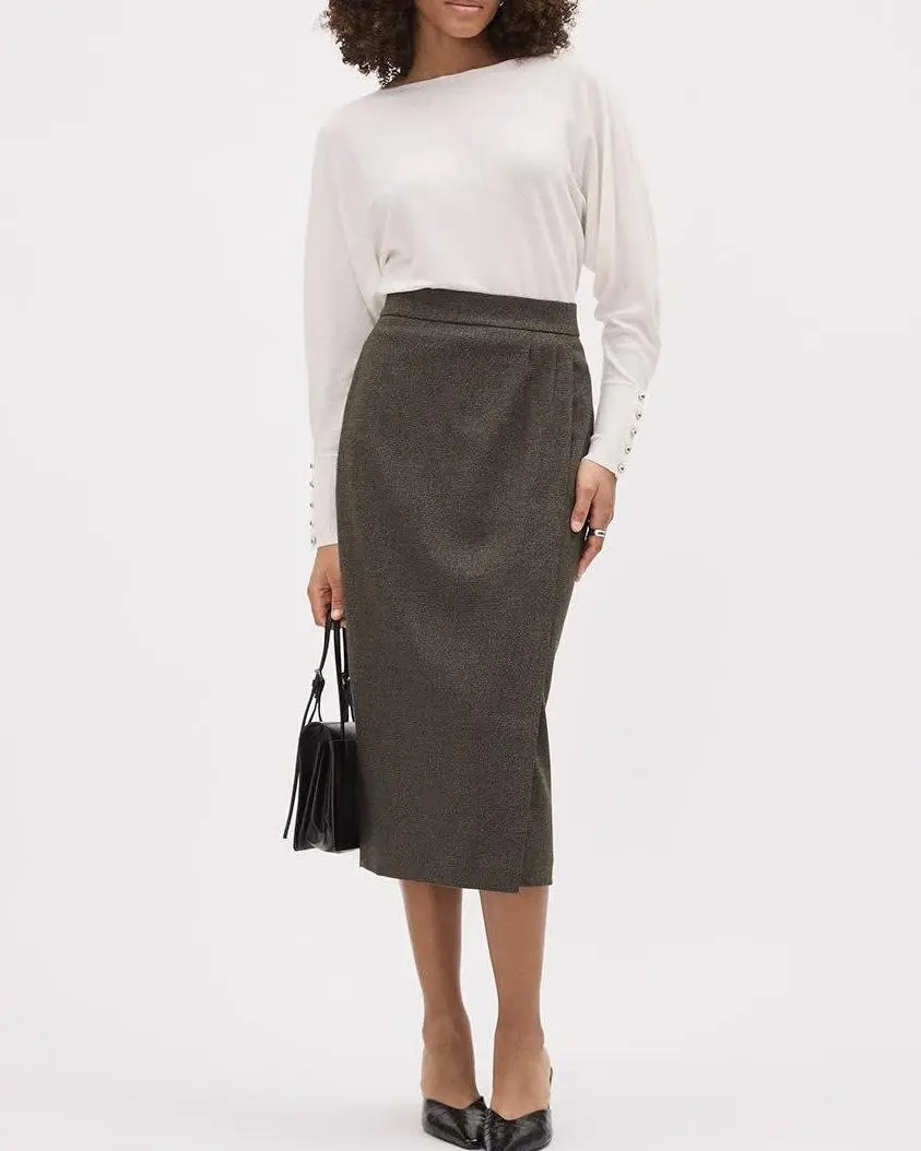 Tweed Pencil Midi Skirt With Wrap Detail