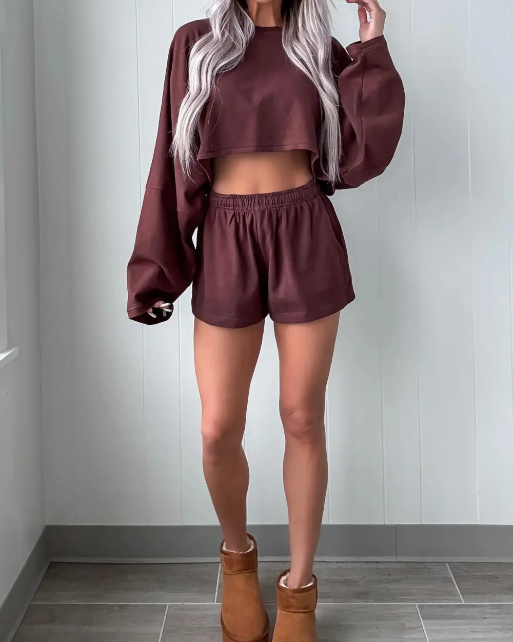 Lounge Luxe Terry Cloth Cropped Short Set - Brown