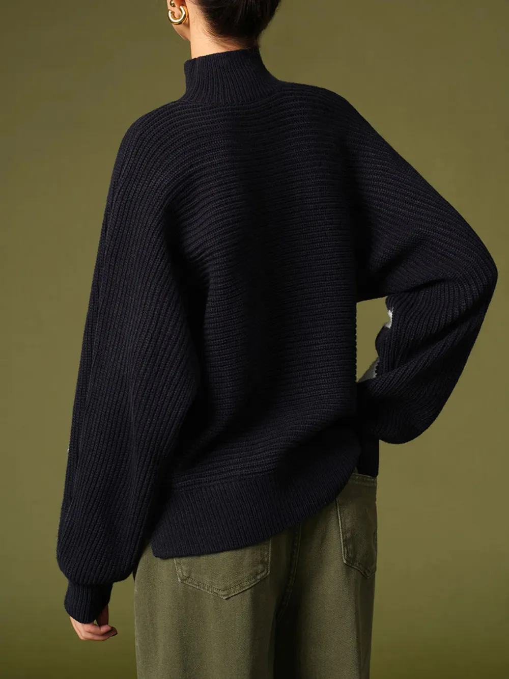 Line Print Contrast High Neck Sweater