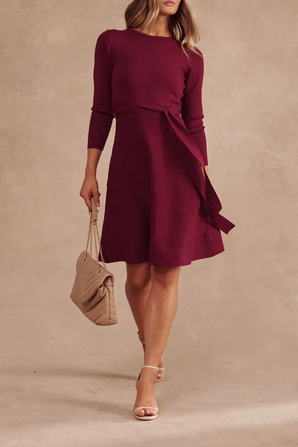 Burgundy Belted Knitted Dress