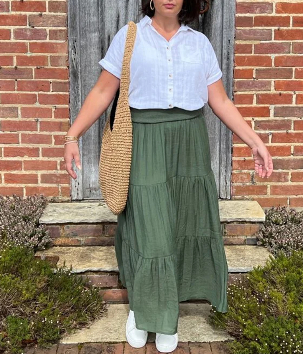 Khaki Tiered Maxi Skirt