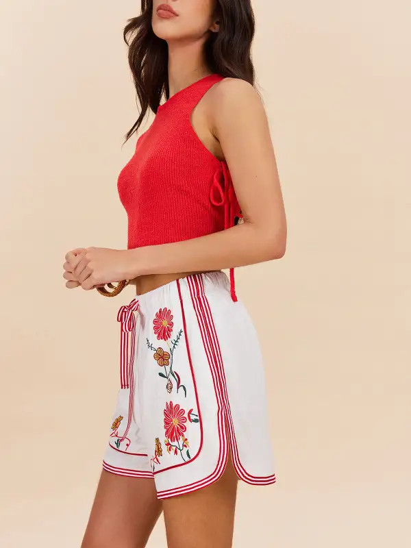 Drawstring Floral Embroidered Shorts