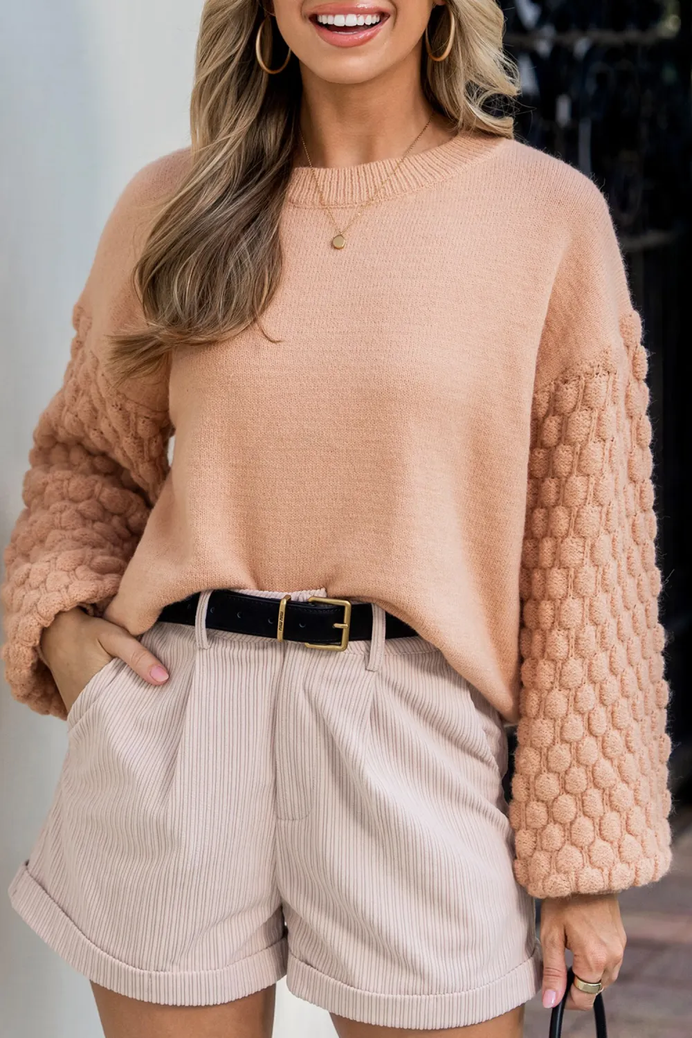 Beige Round Neck Drop Shoulder Long Sleeve Sweater