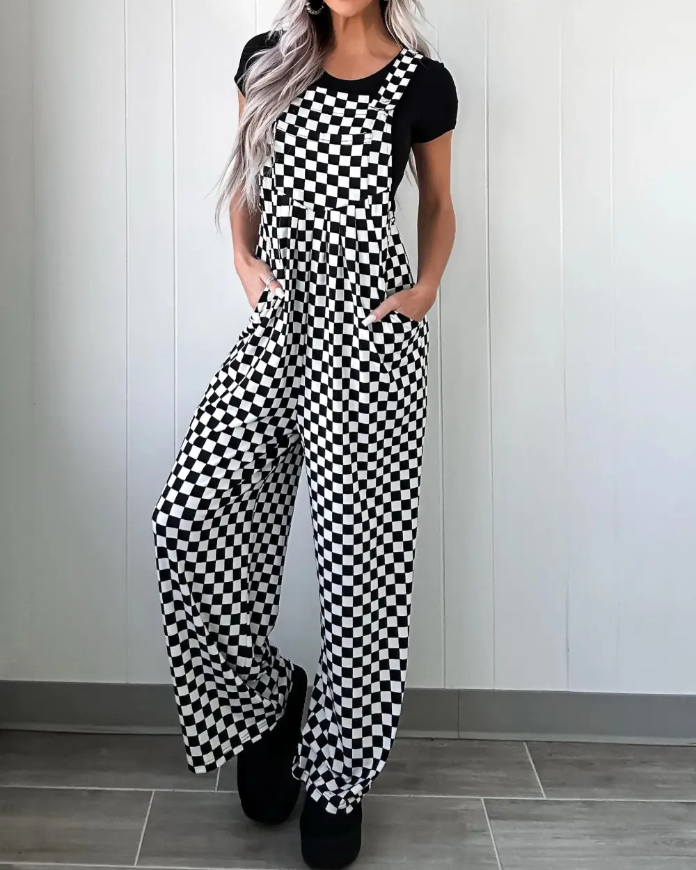 City Rebel Checkered Wide Leg Jumpsuit - Black