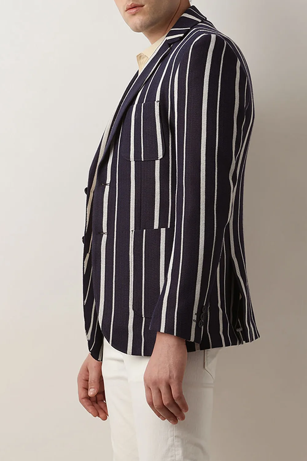 Navy Blue Striped Casual Blazer