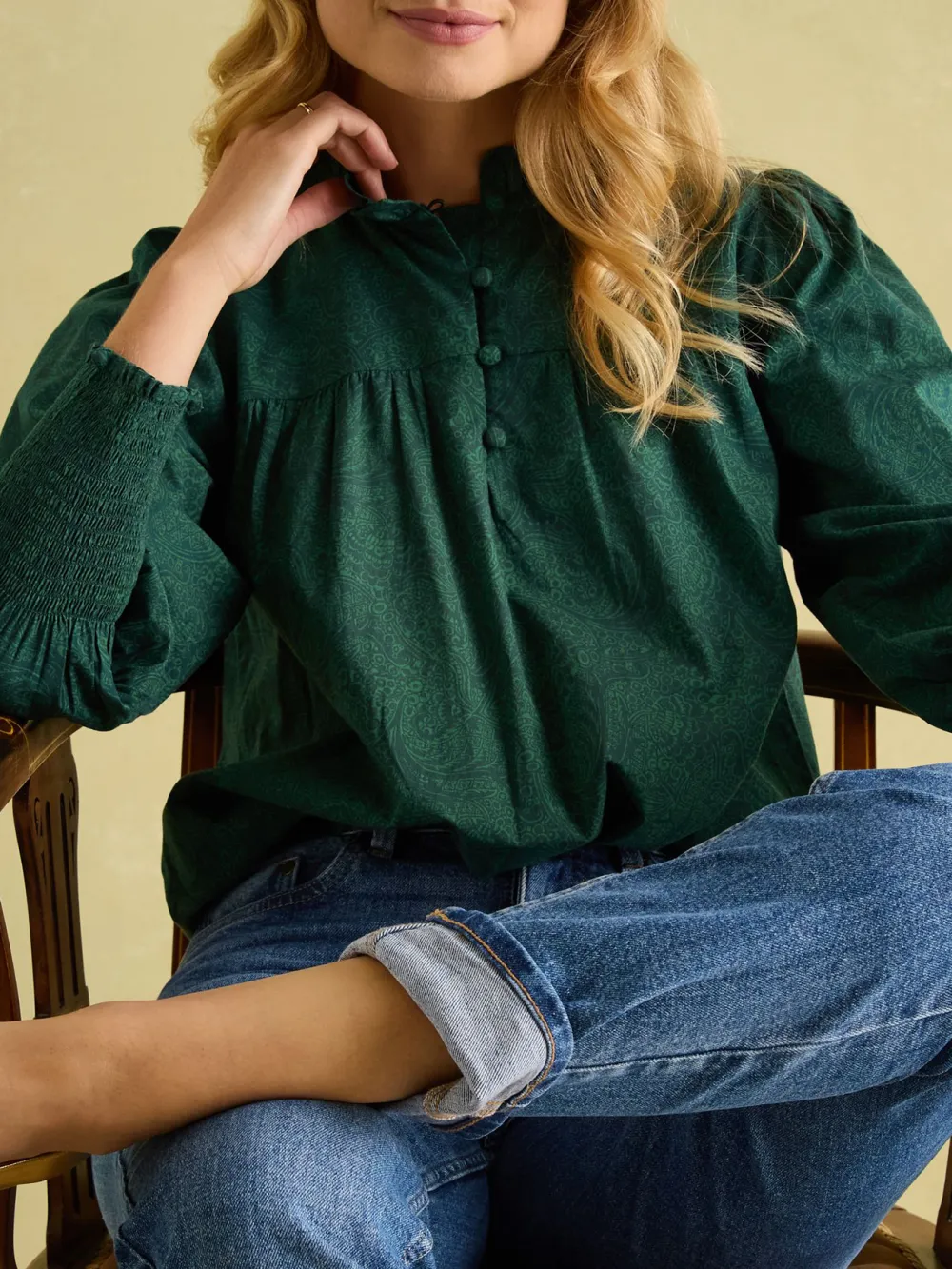 Navy Stripe Cotton Frill Neck Blouse