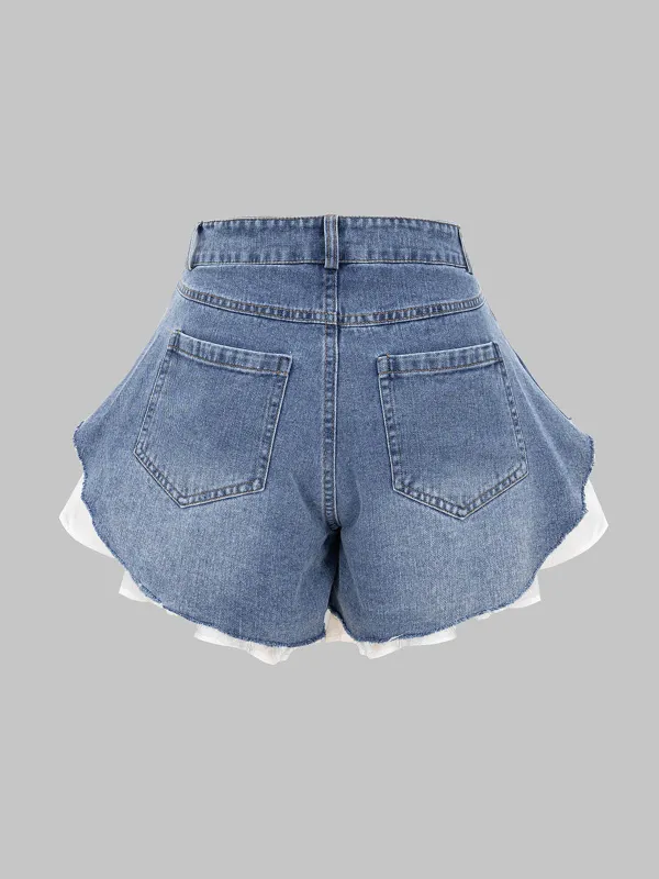Patchwork Wide Leg Denim Shorts With Pockets