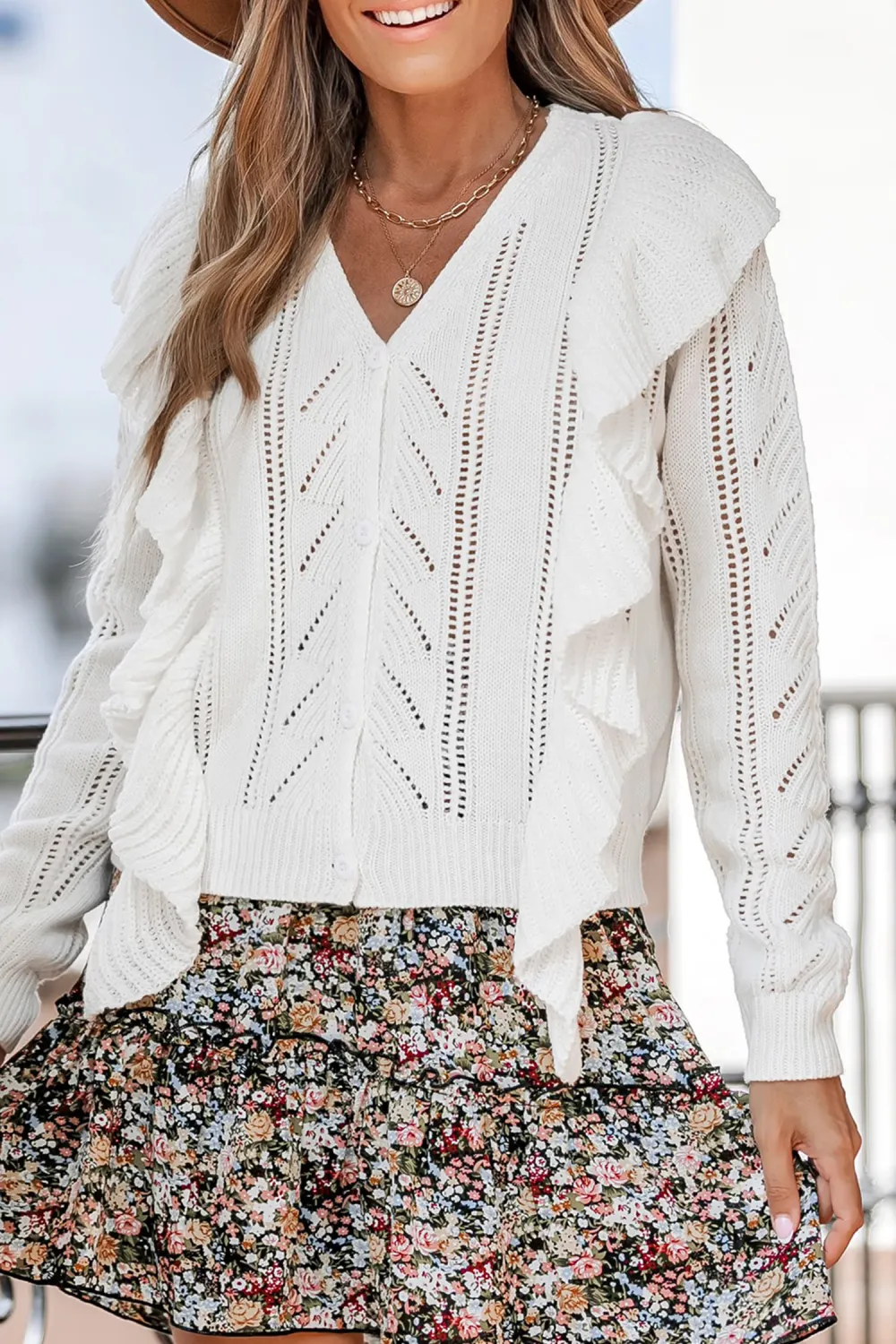 Cutout Ruffled Button-Front Cardigan