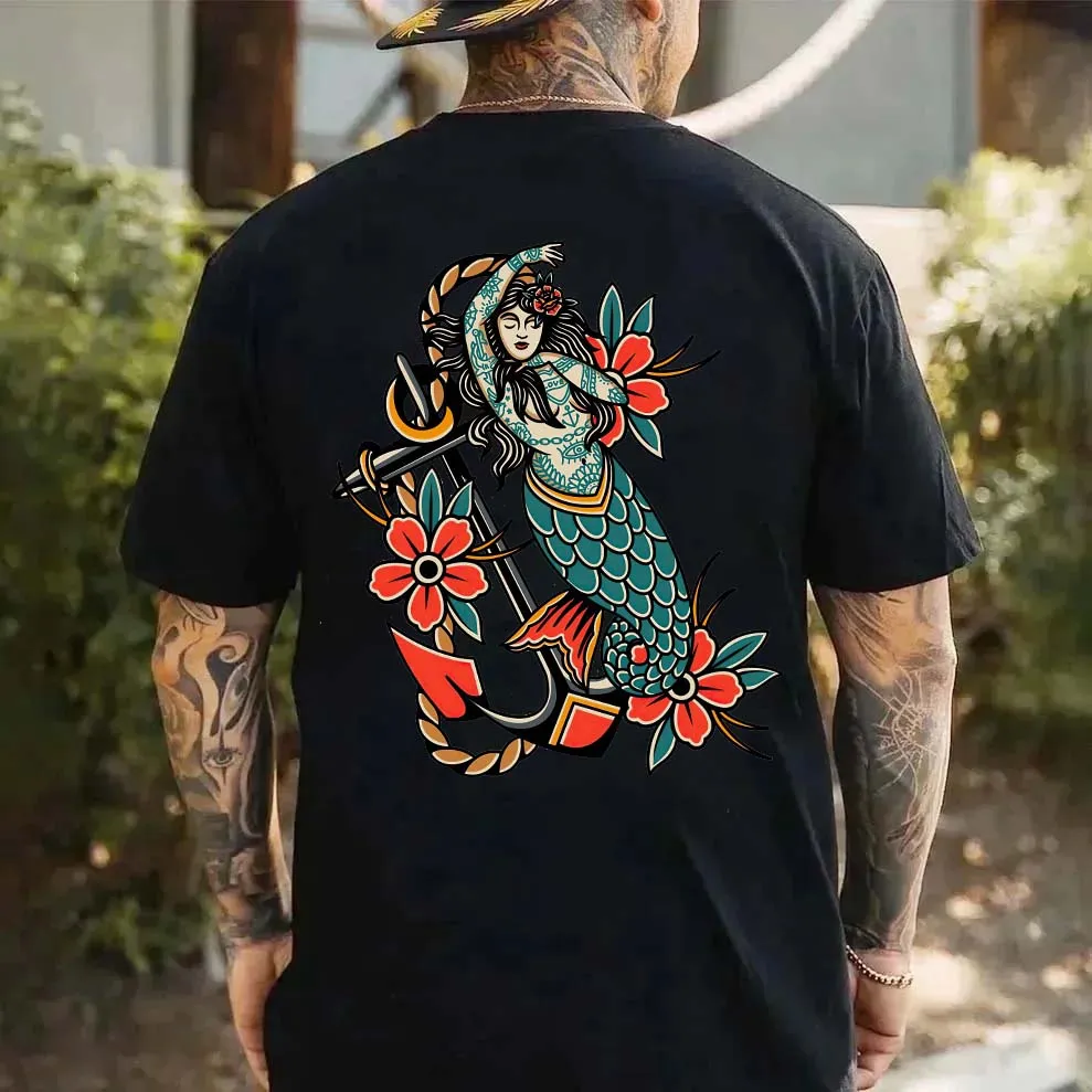 Vintage Old School Mermaid Printed Men's T-shirt