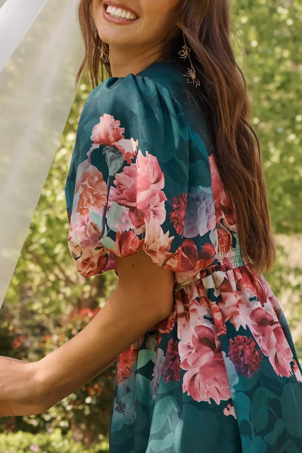 Green Floral Print Puff Sleeve Maxi Dress