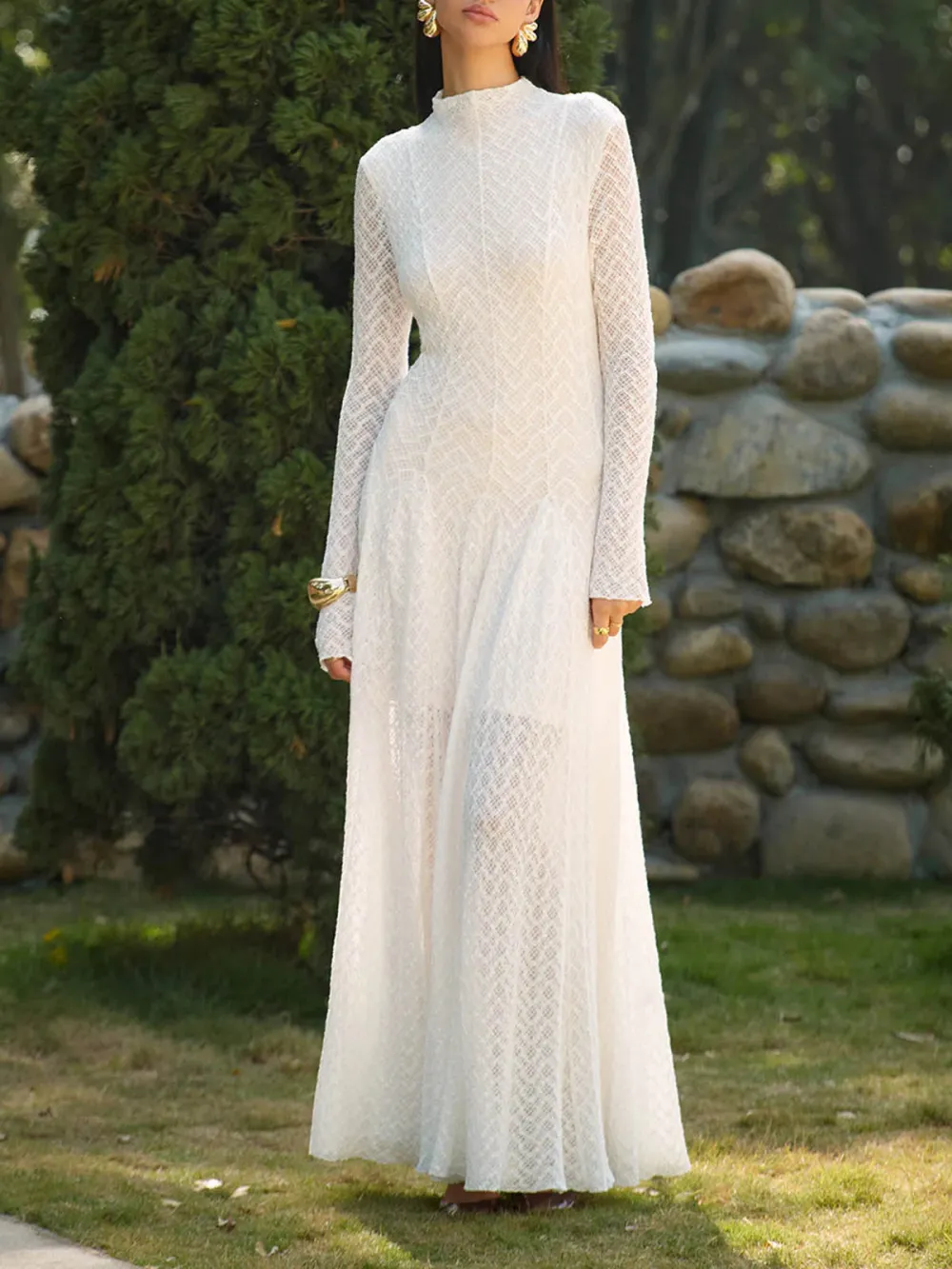 Lace Mock Neck Long Sleeve Dress