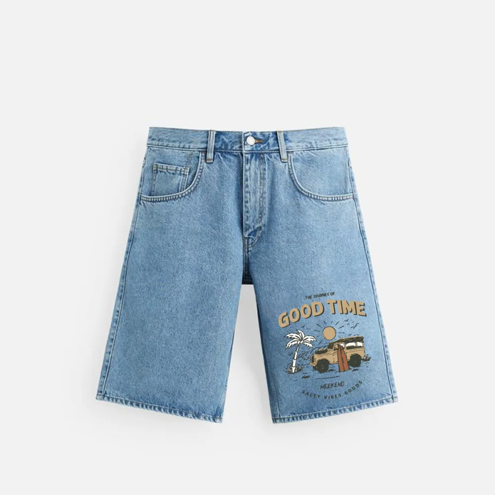 Good Time Weekend Salty Vibes Goods Printed Denim Shorts