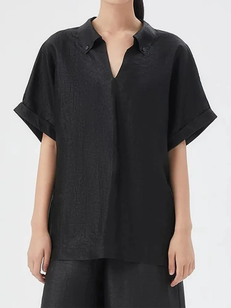 Black Silk Slit Neck Blouse