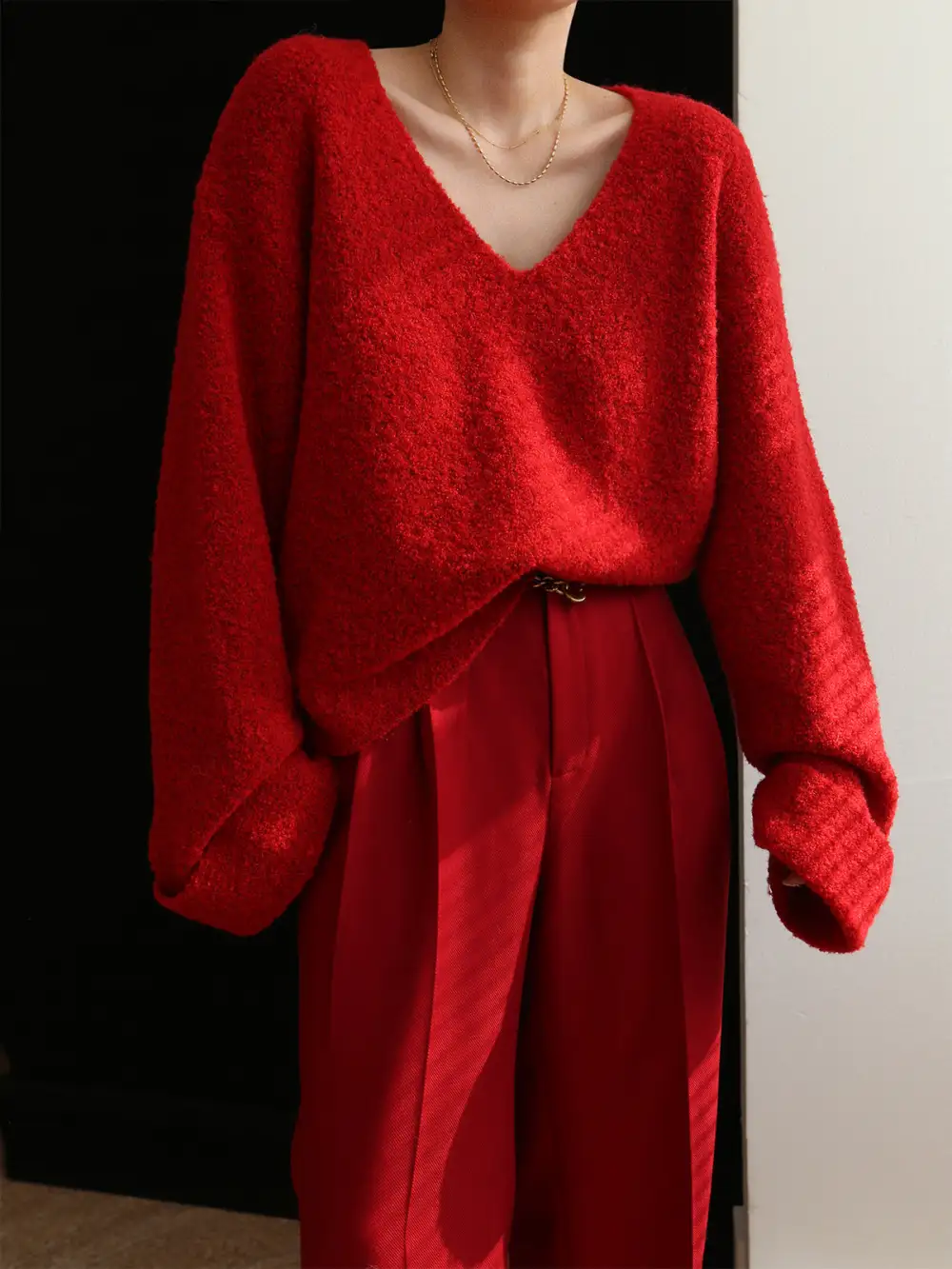 Plain V-Neck Drop Shoulder Long Sleeve Sweater
