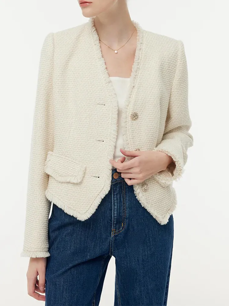 Wool Blend Tweed Fringe Women Crop Jacket