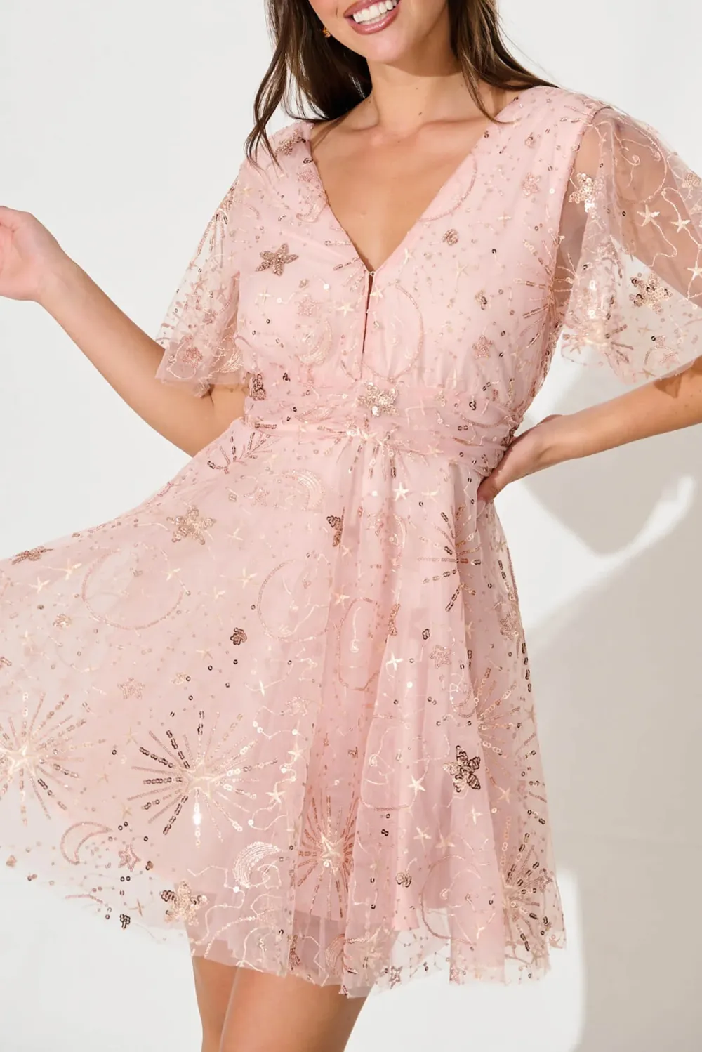 Pink Sequin Embroidered Mini Dress