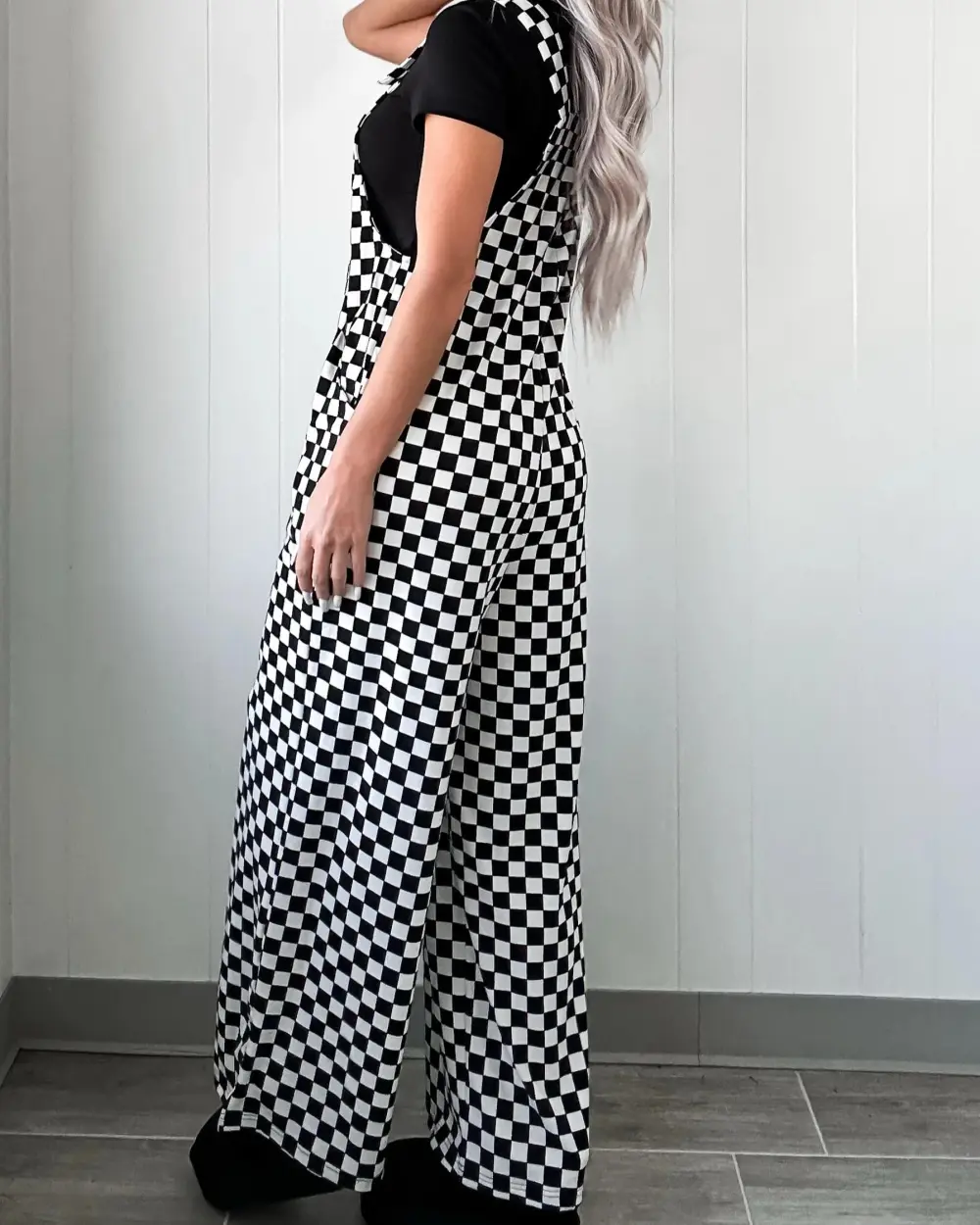 City Rebel Checkered Wide Leg Jumpsuit - Black