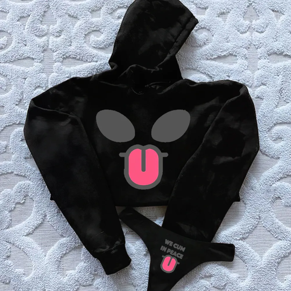 We Cum In Peace Printed Women's Cropped Hoodie & Thong Sets