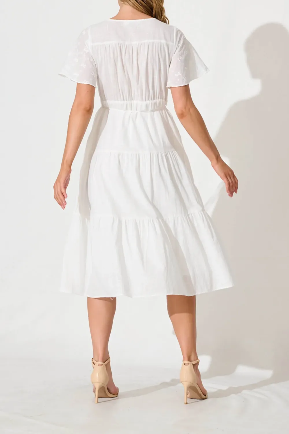 White Flutter Sleeve Tiered Midi Dress