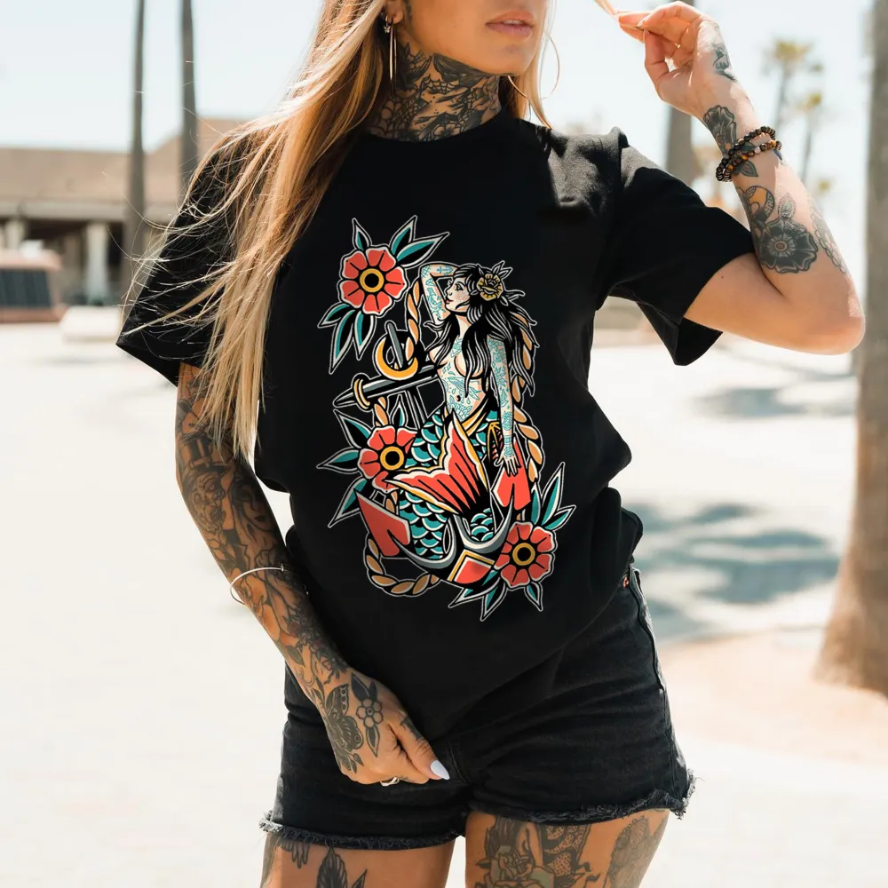 Vintage Floral Mermaid Man Printed Women's T-shirt