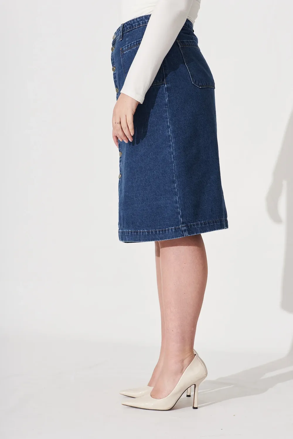 Blue Denim Button Front Midi Skirt