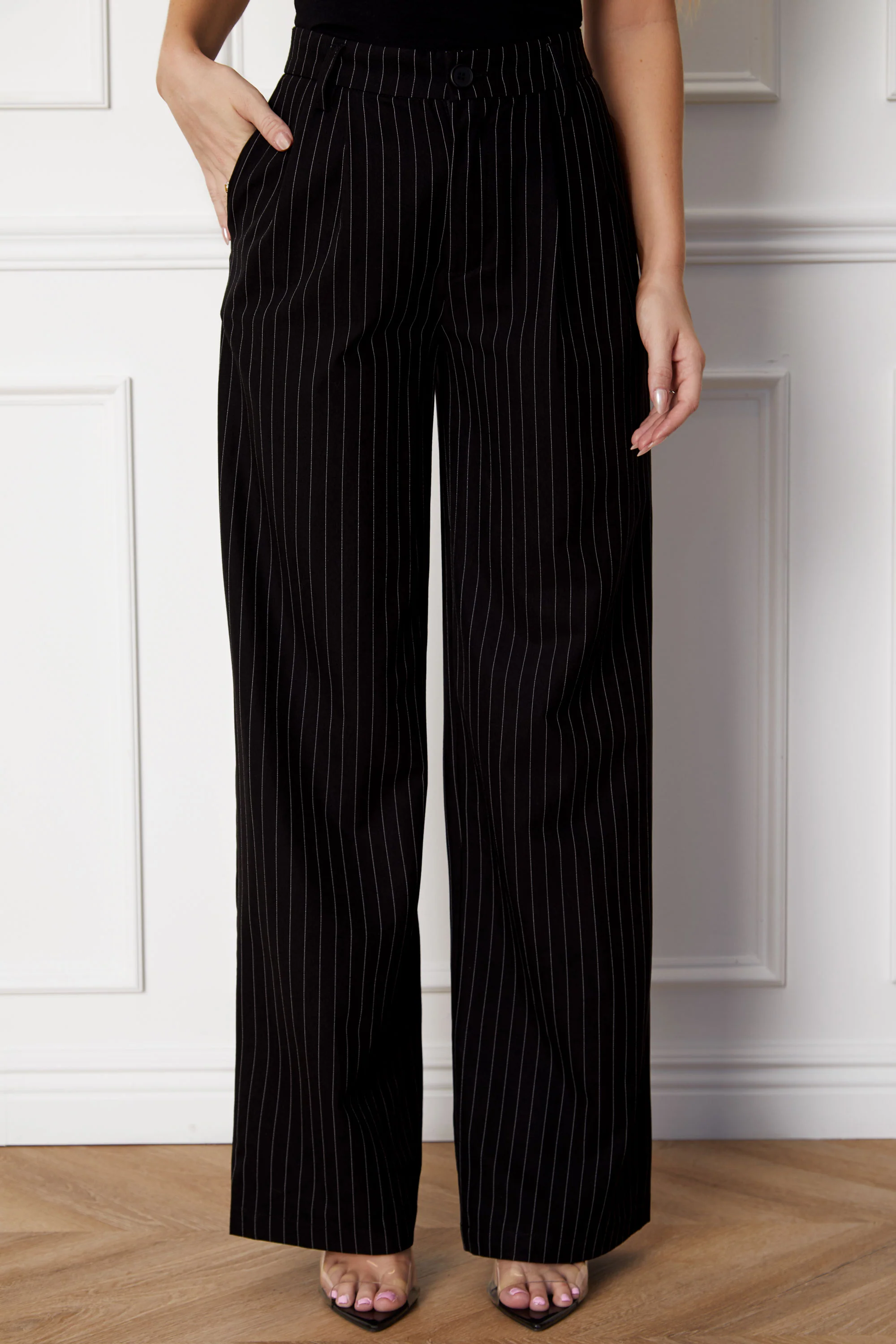 Black Pinstripe Relaxed Straight Leg Pants