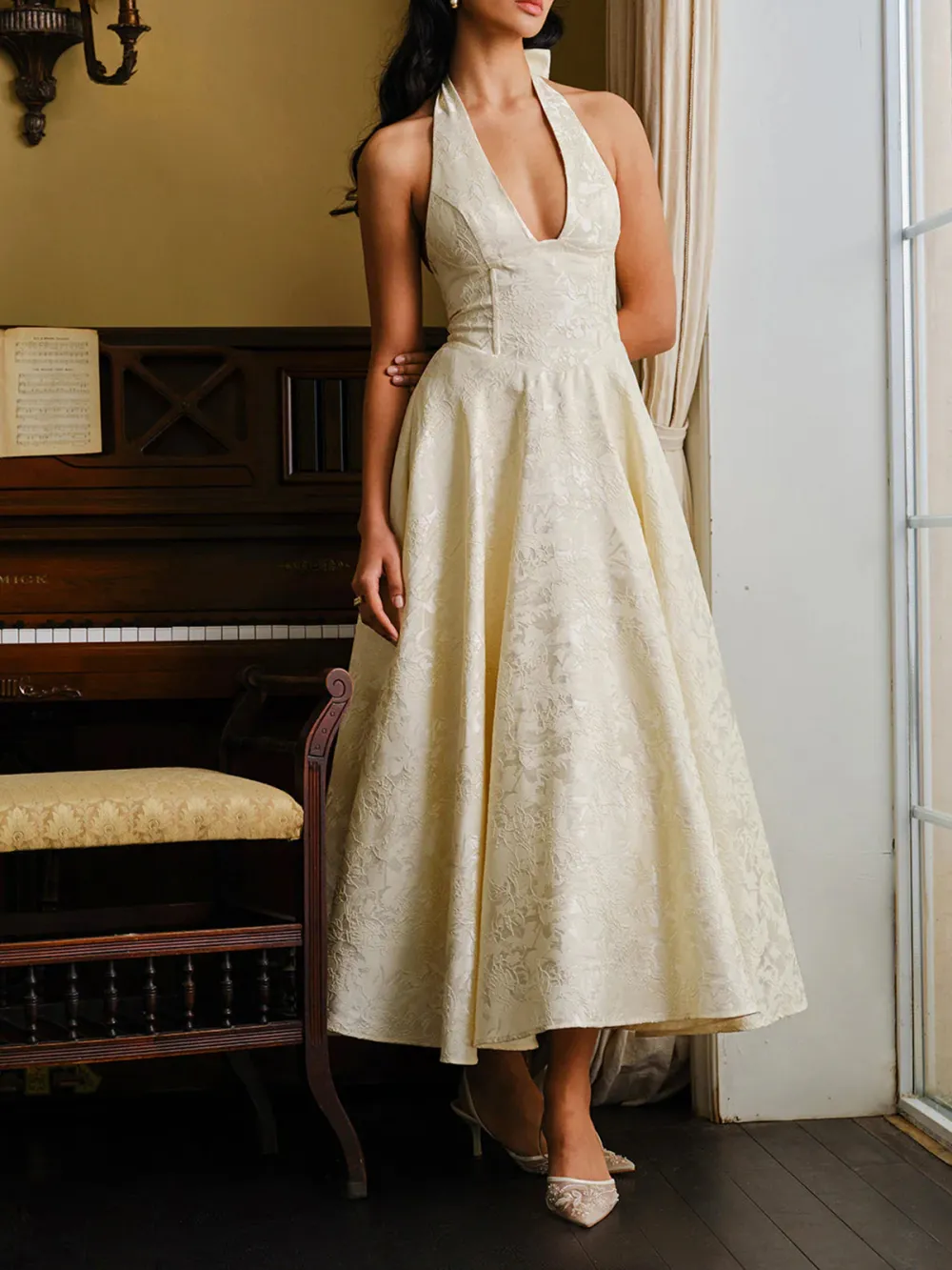 Textured Backless Halter Neck Dress