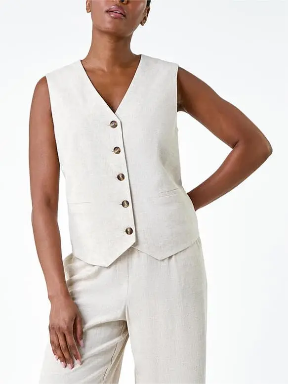 Natural Linen Blend Button Through Waistcoat