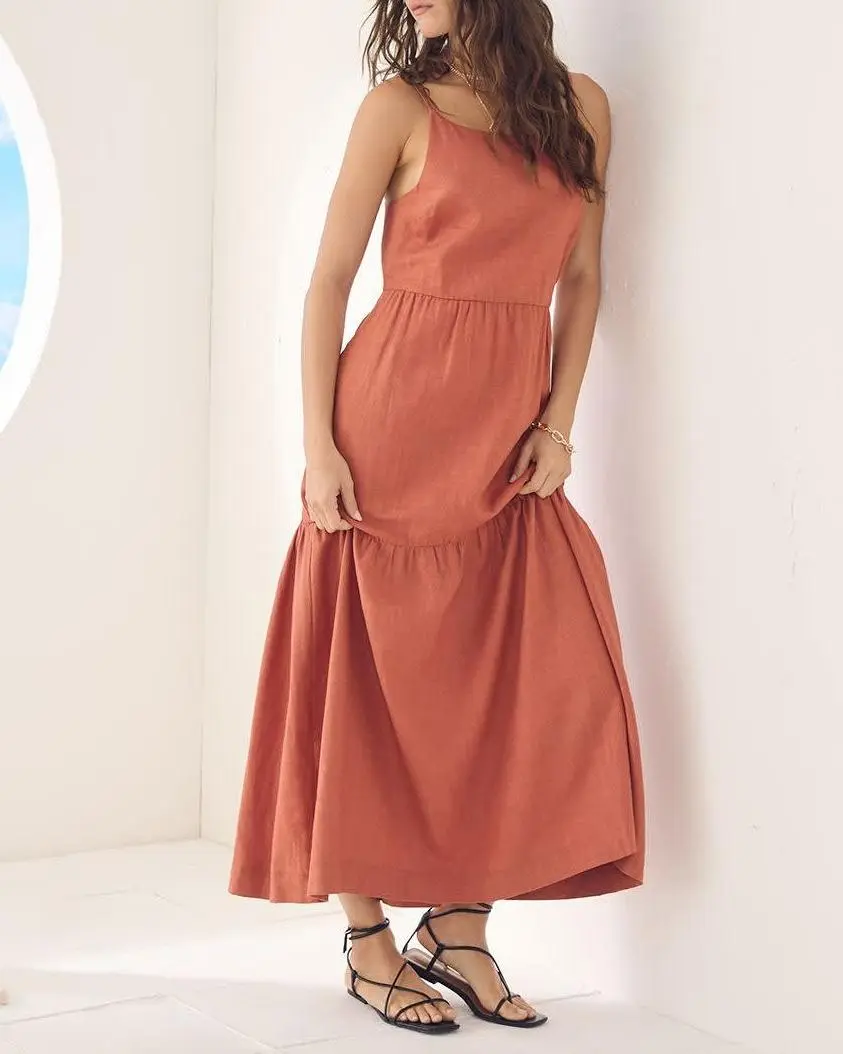 Sleeveless Square-Neck Linen-Blend Straight Maxi Dress