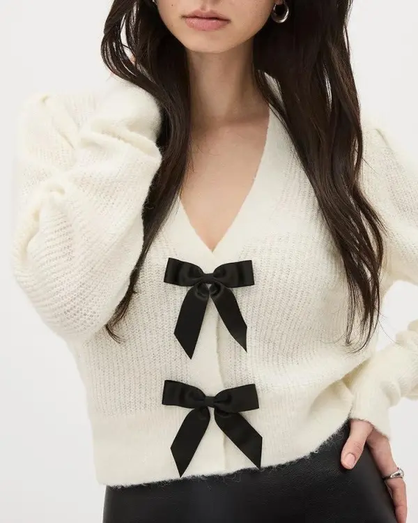 Long-Sleeve V-Neck Cardigan With Bows