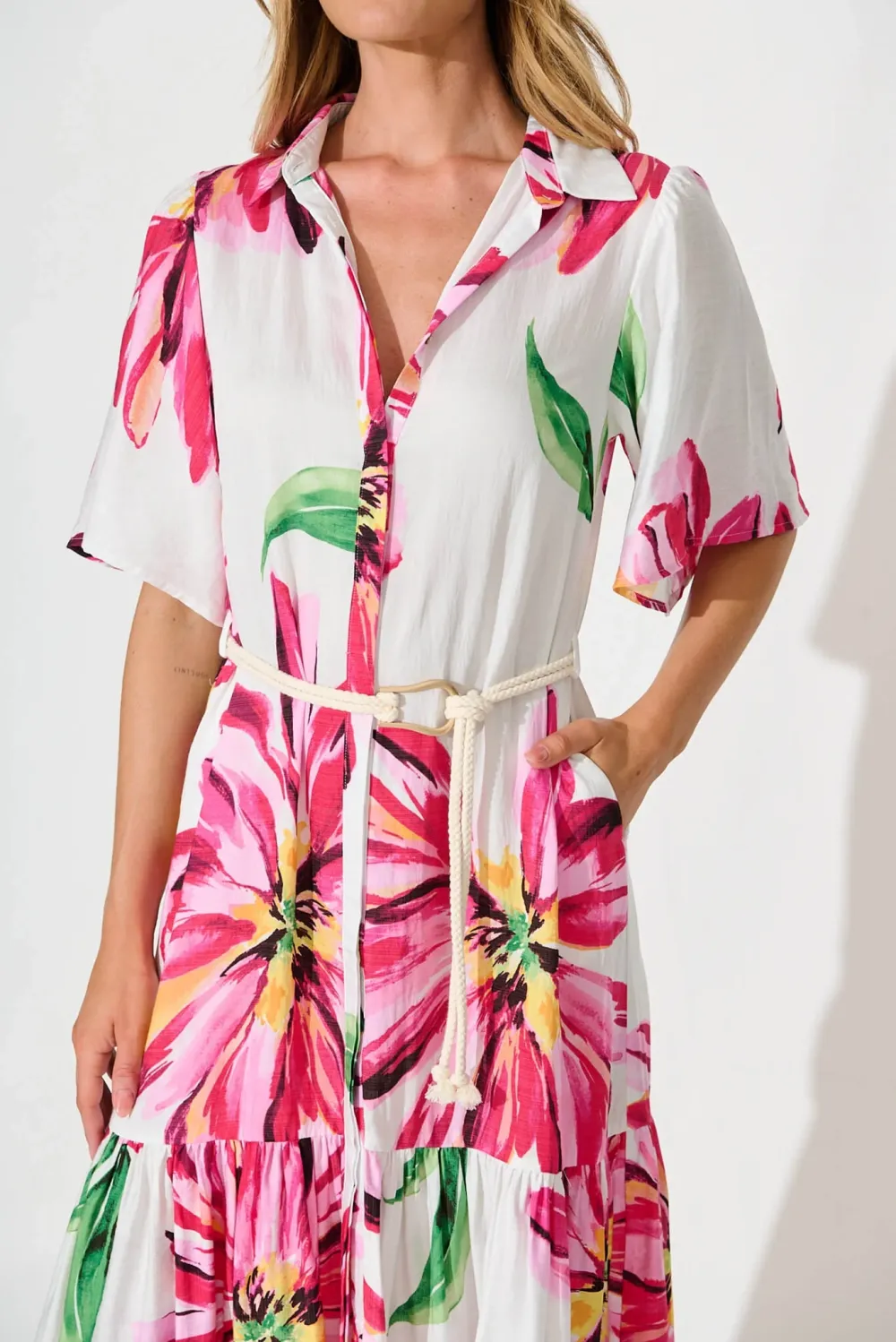 White Based Pink Floral Print Midi Dress