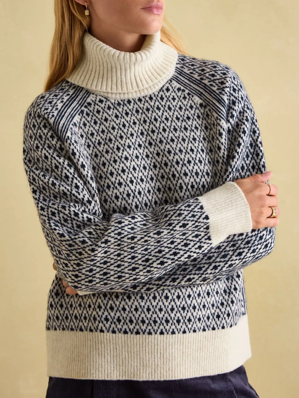 Ingrid Cream/Red Patterned Jumper with Detachable Roll Neck