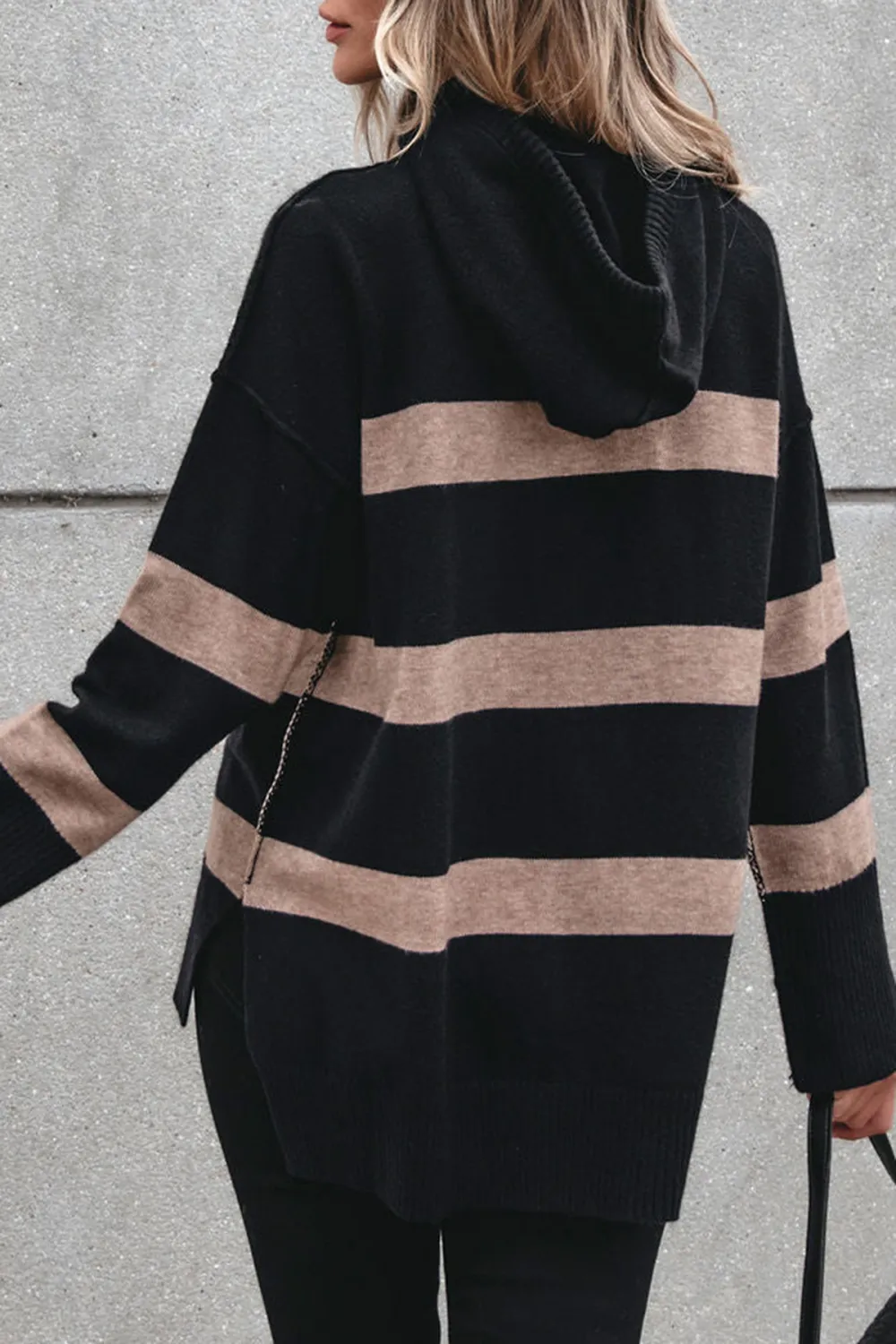 Black and Taupe Striped Hooded Sweater