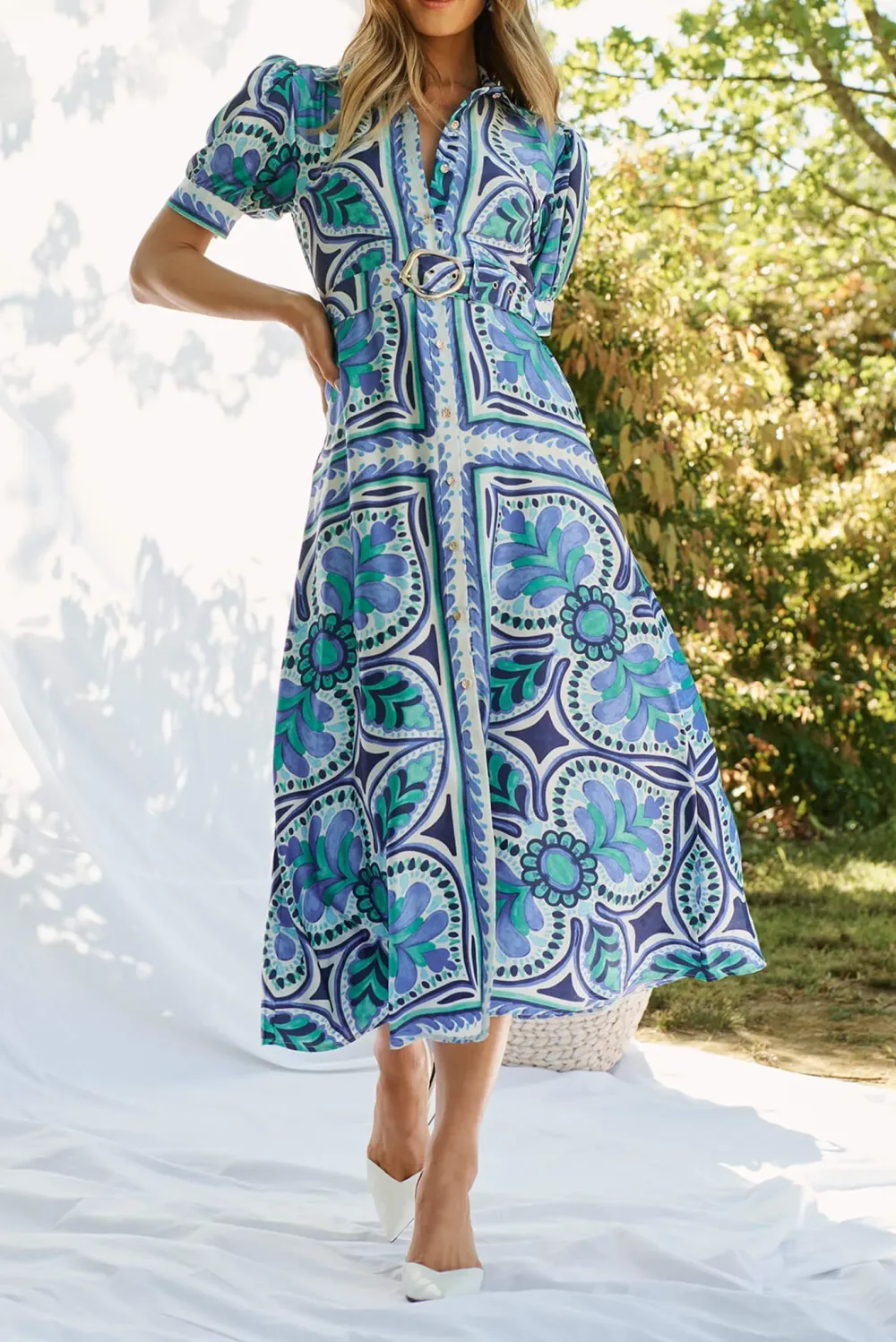 Blue Green Patterned Belted Midi Dress