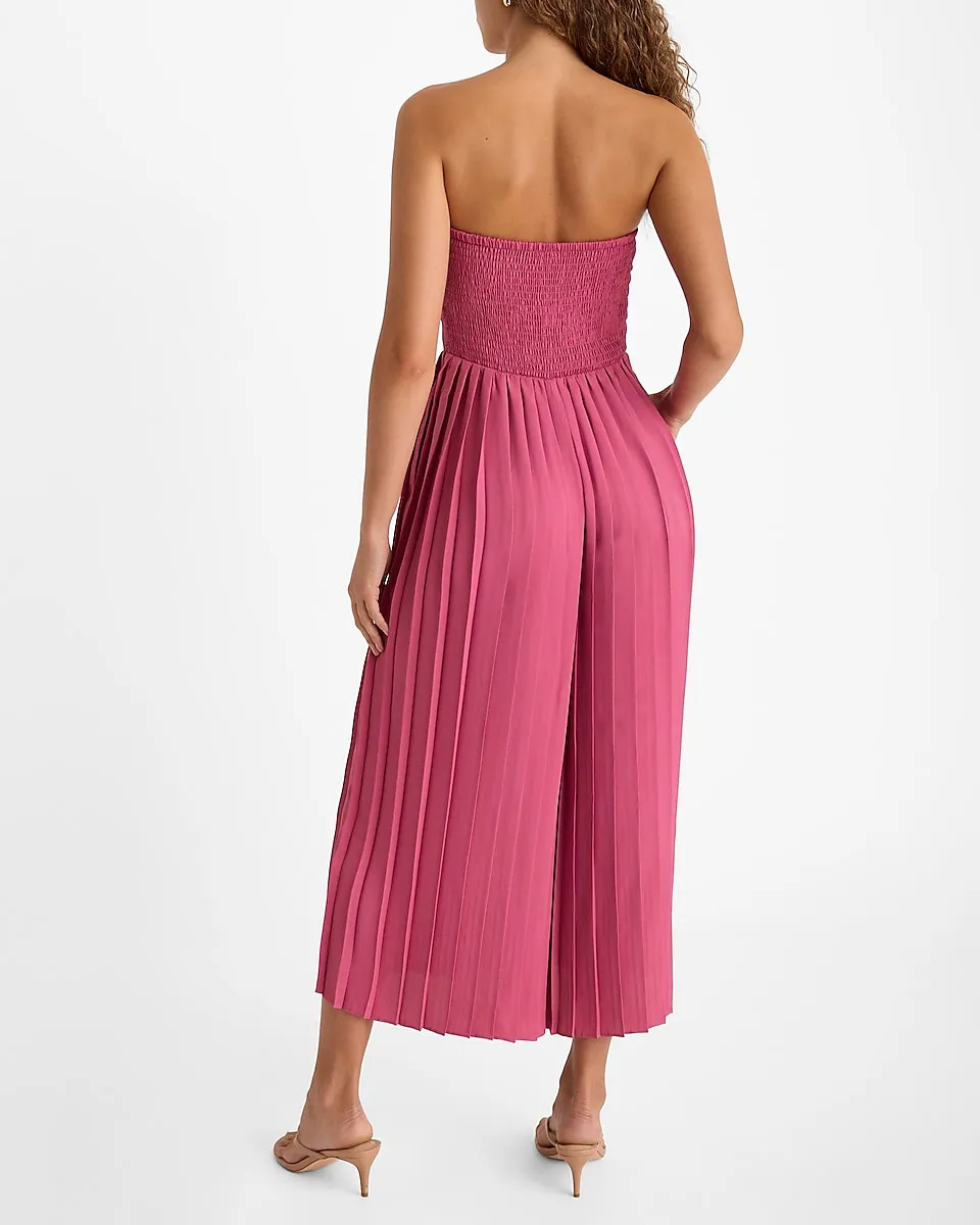 Pleated Strapless Flowy Wide Leg Jumpsuit