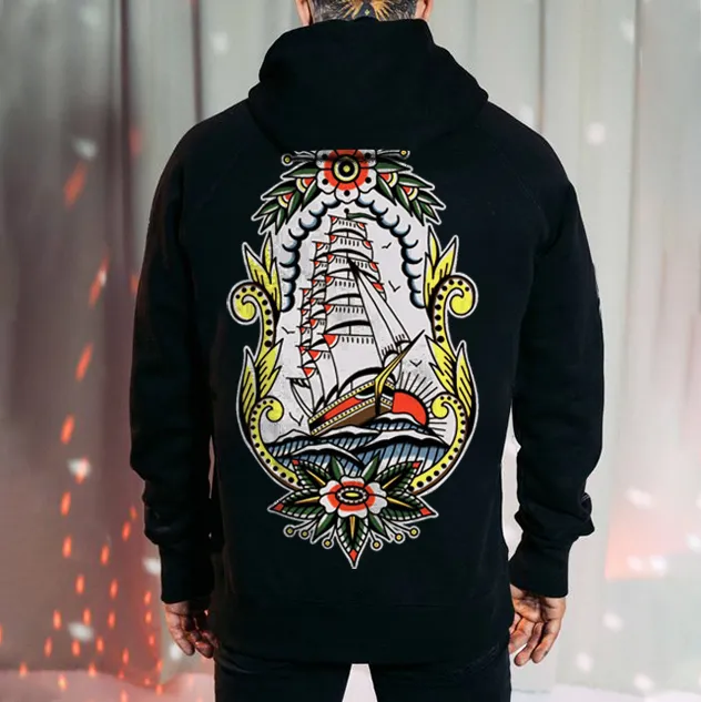 Sailing Vessel Floral Print Streetwear Black Hoodie