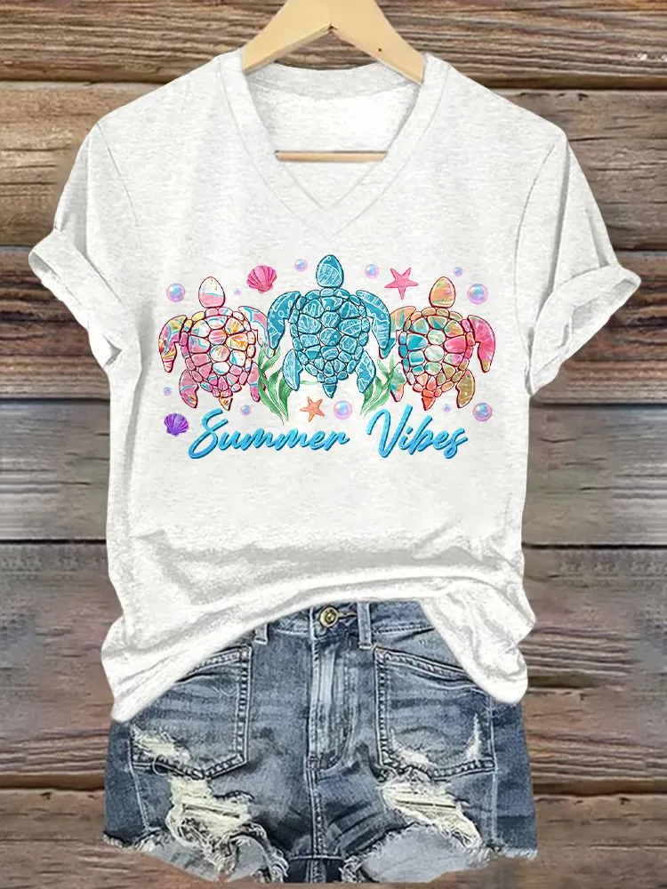 Women's Summer Vibes Short Sleeves V-Neck Pure Cotton T-Shirt
