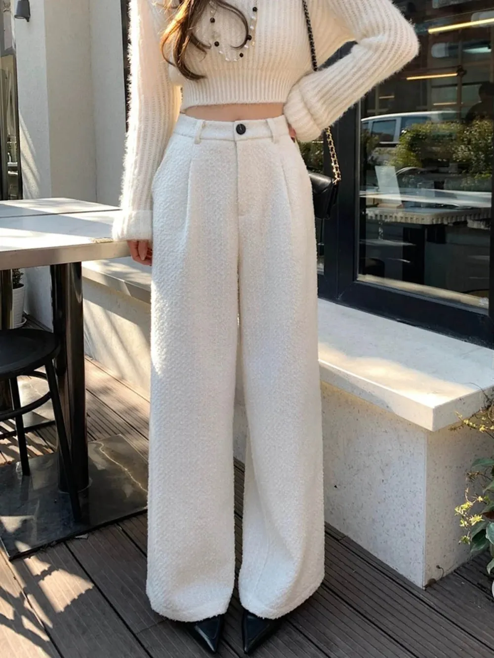 Textured High Waist Pants With Pockets