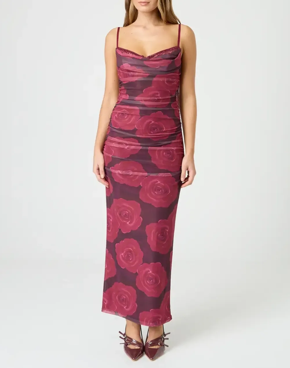 Picot Ruched Maxi Dress