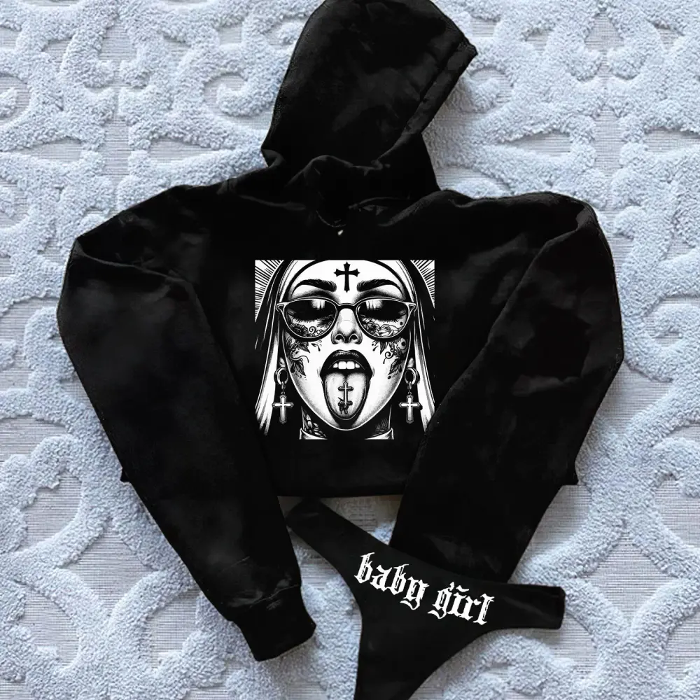 Satanic Girl Printed Women's Cropped Hoodie & Thong Sets