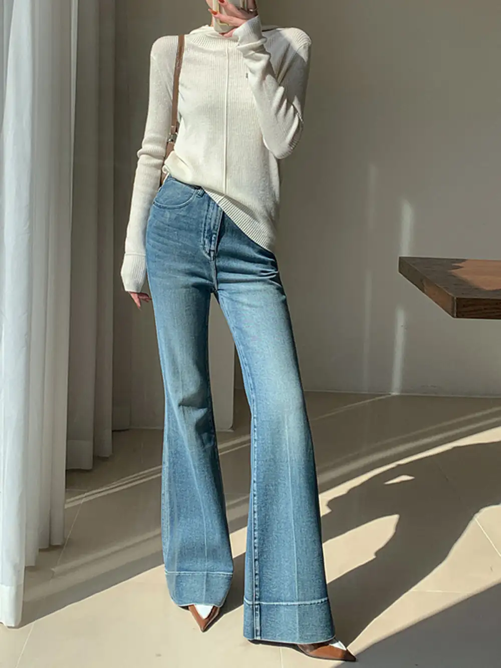 Washed Mid-Waist Flared Jeans