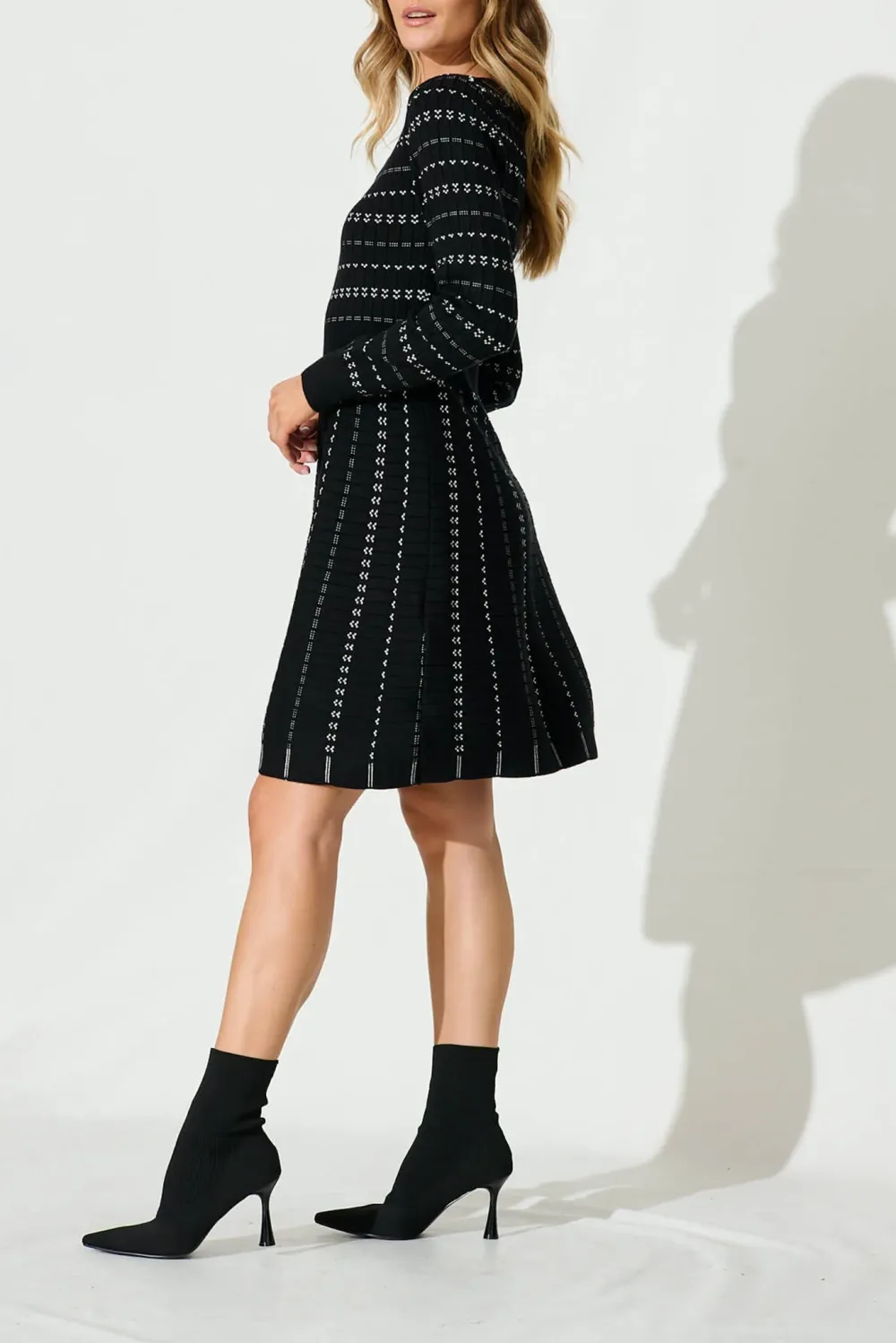 Black Patterned Long Sleeve Knit Dress