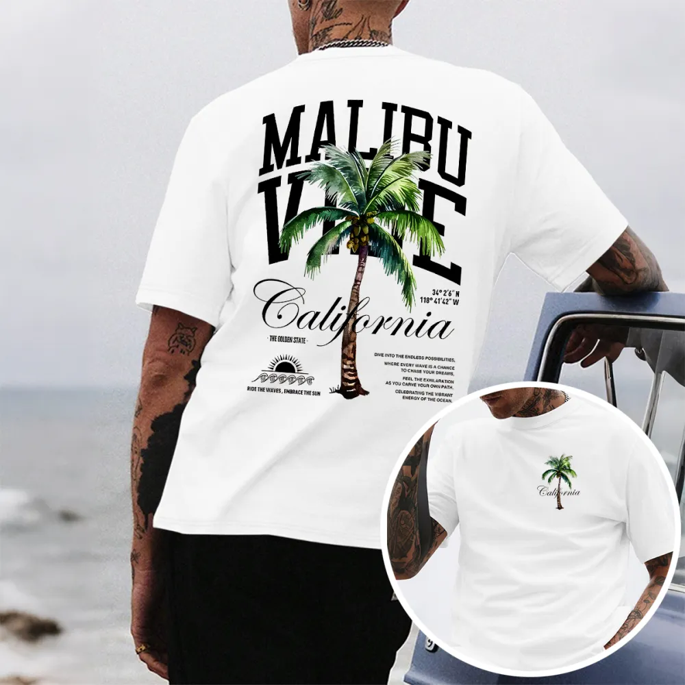 Street Life Men Slogan & Palm Tree Print Tee