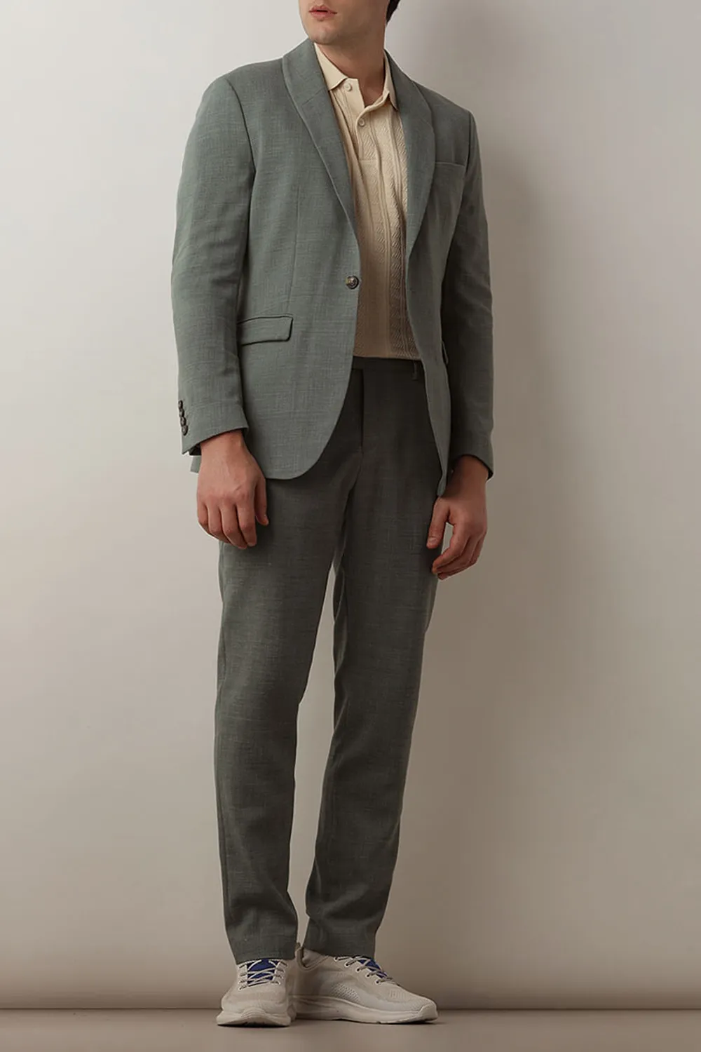 Green Linen Single Breasted Suit-Set Blazer