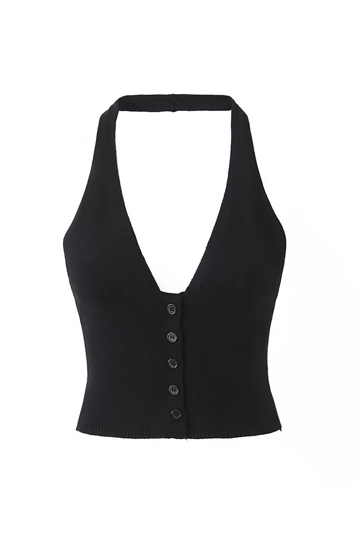 Sexy Halter V Neck Open Back Button Up Sleeveless Ribbed Crop Knit Top