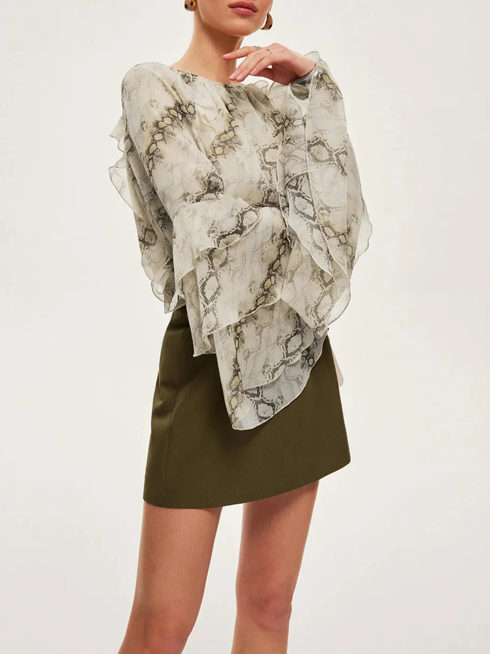 Printed Crew Neck Ruffle Sleeve Blouse