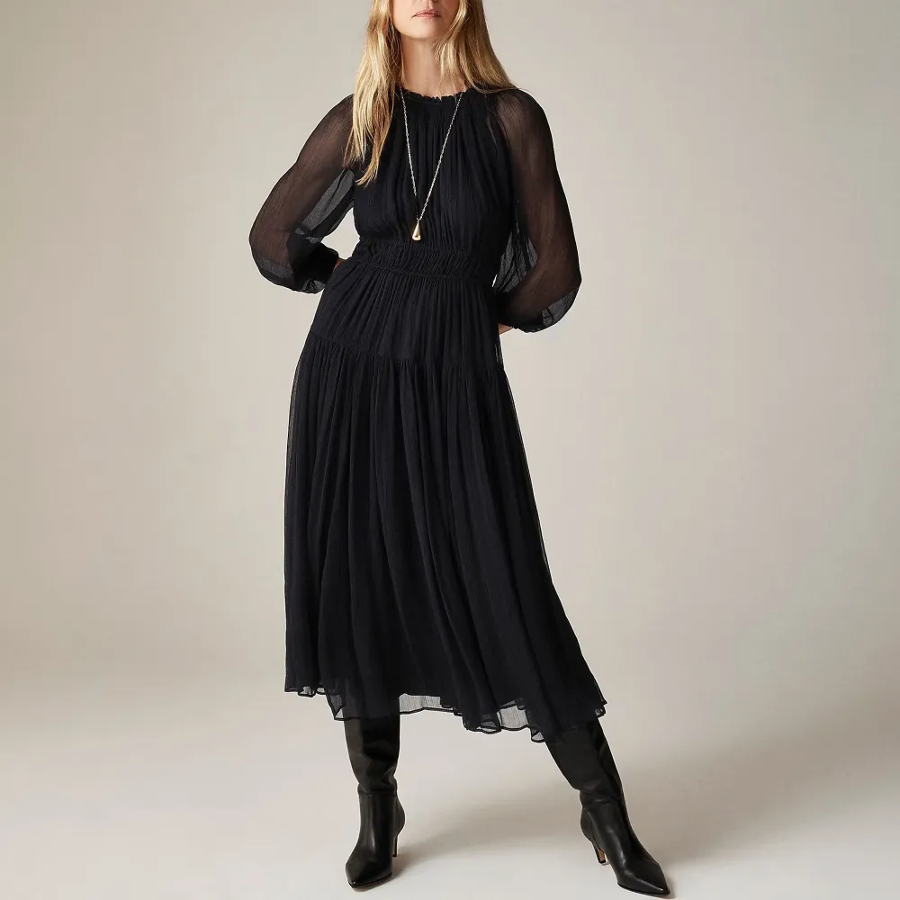 Crinkle chiffon sheer long-sleeve dress in Black Watch tartan