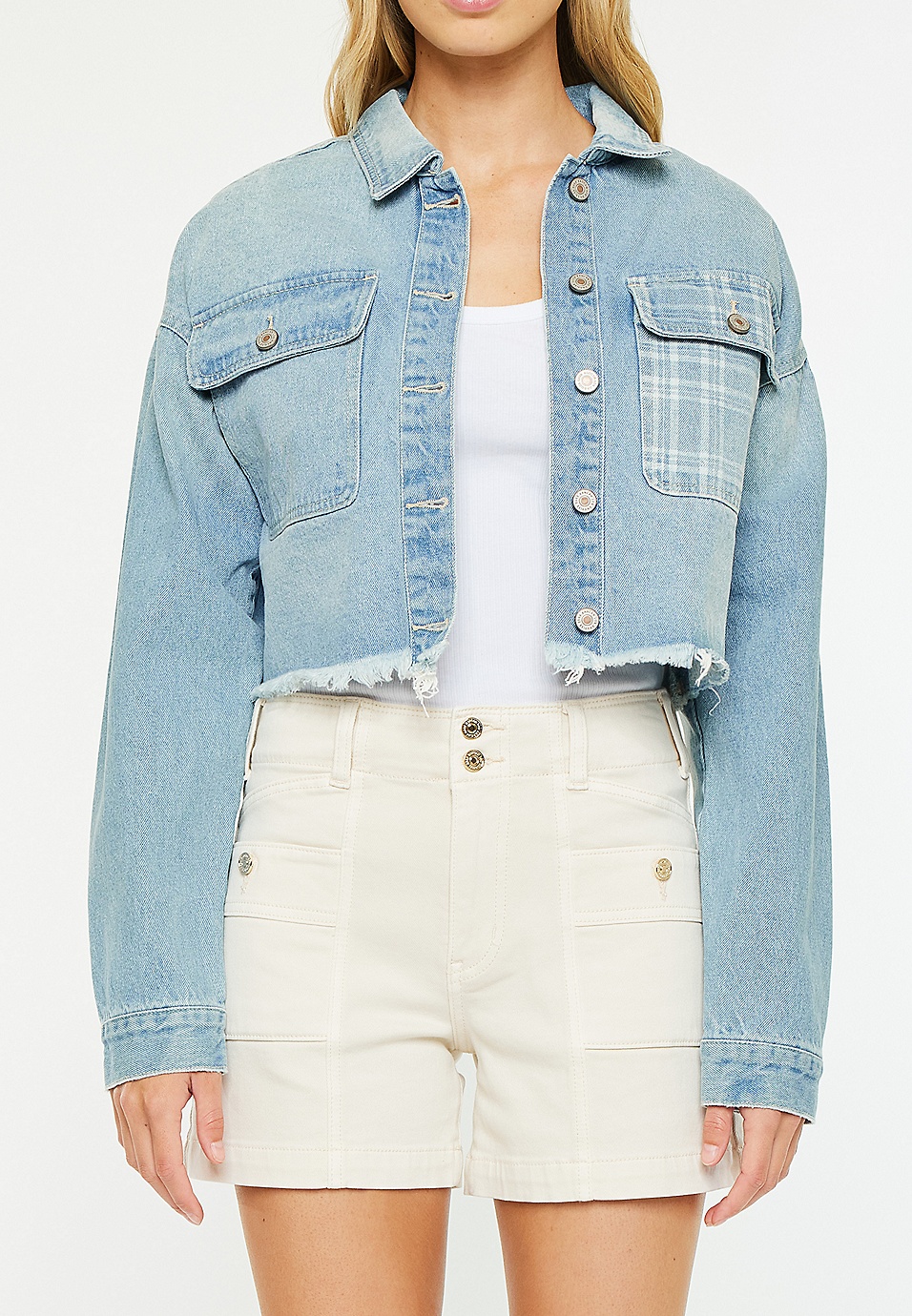 KanCan Rigid Plaid Drop Shoulder Crop Jacket